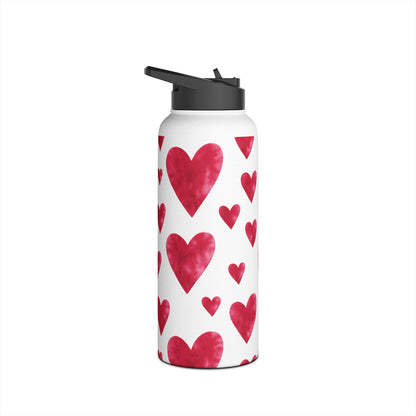 Red Watercolor Heart Patterned Stainless Steel Valentines Water Bottle — Valentine's Day Water Bottle