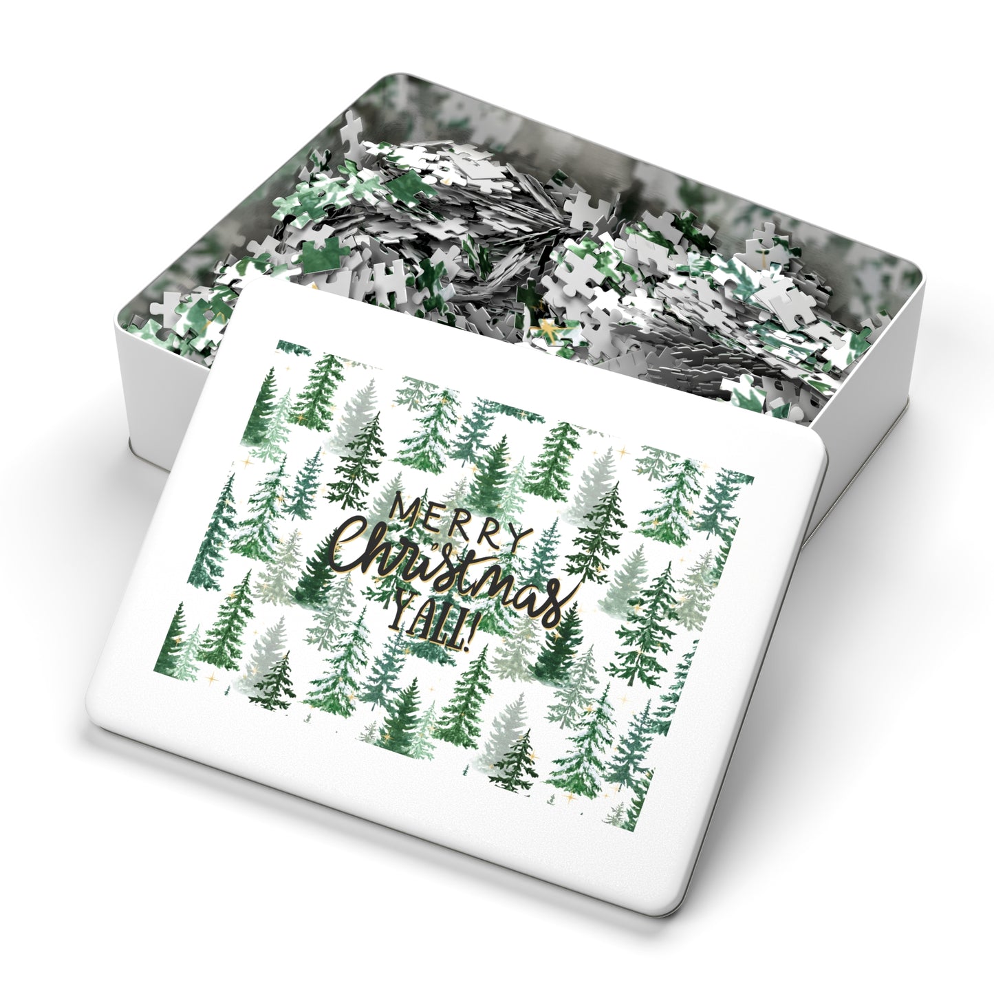 "Merry Christmas Yall!" Puzzle with Tin Box with Christmas Tree Background