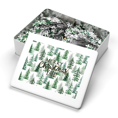 "Merry Christmas Yall!" Puzzle with Tin Box with Christmas Tree Background