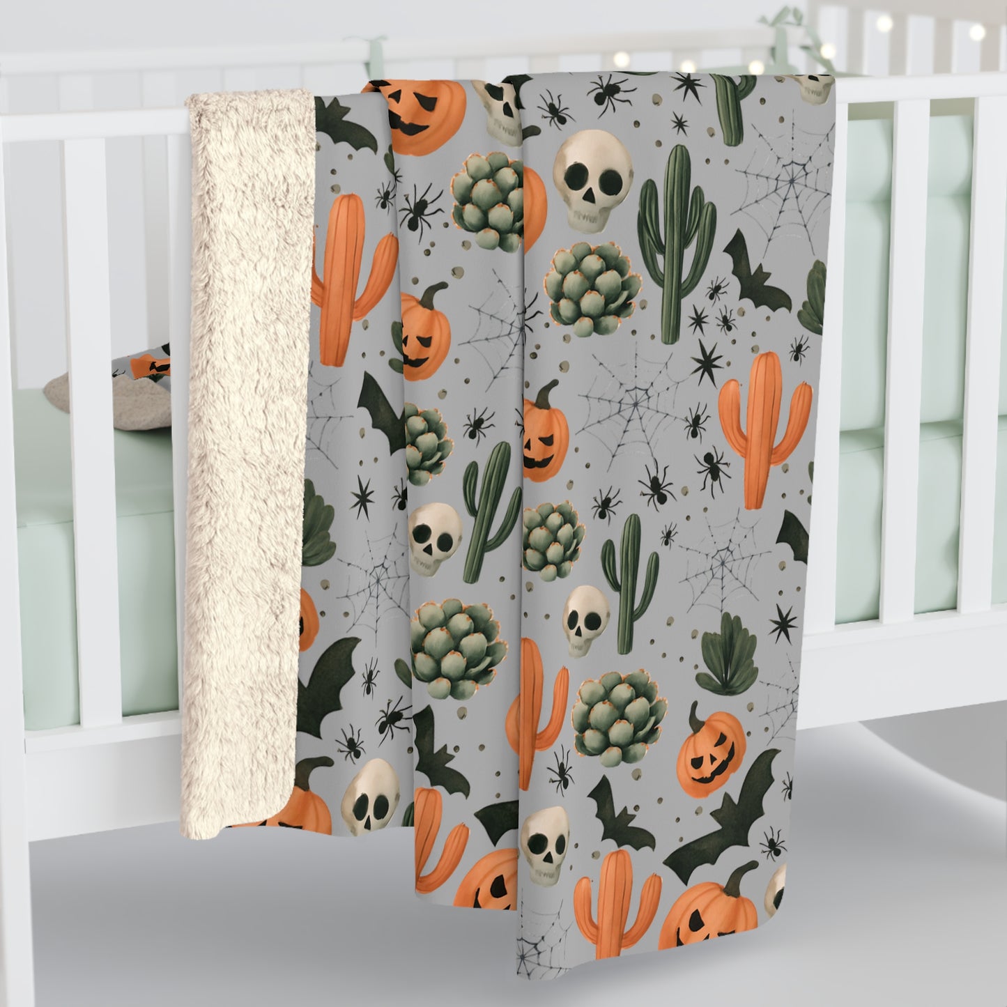 Boho Halloween Sherpa Fleece Blanket, Pumpkin Spider Bat Cactus Decor, Fall Home Decor, Cozy Warm Throw, Halloween Gift, Bohemian Blanket,