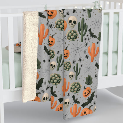 Boho Halloween Sherpa Fleece Blanket, Pumpkin Spider Bat Cactus Decor, Fall Home Decor, Cozy Warm Throw, Halloween Gift, Bohemian Blanket,