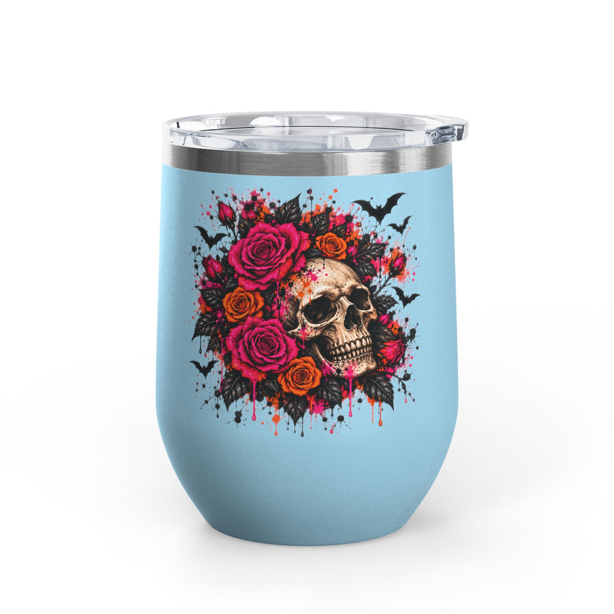 Deadly Blooms 12oz Wine Tumbler | Gothic Floral Skull Stainless Steel Cup by Subbin4Sanity