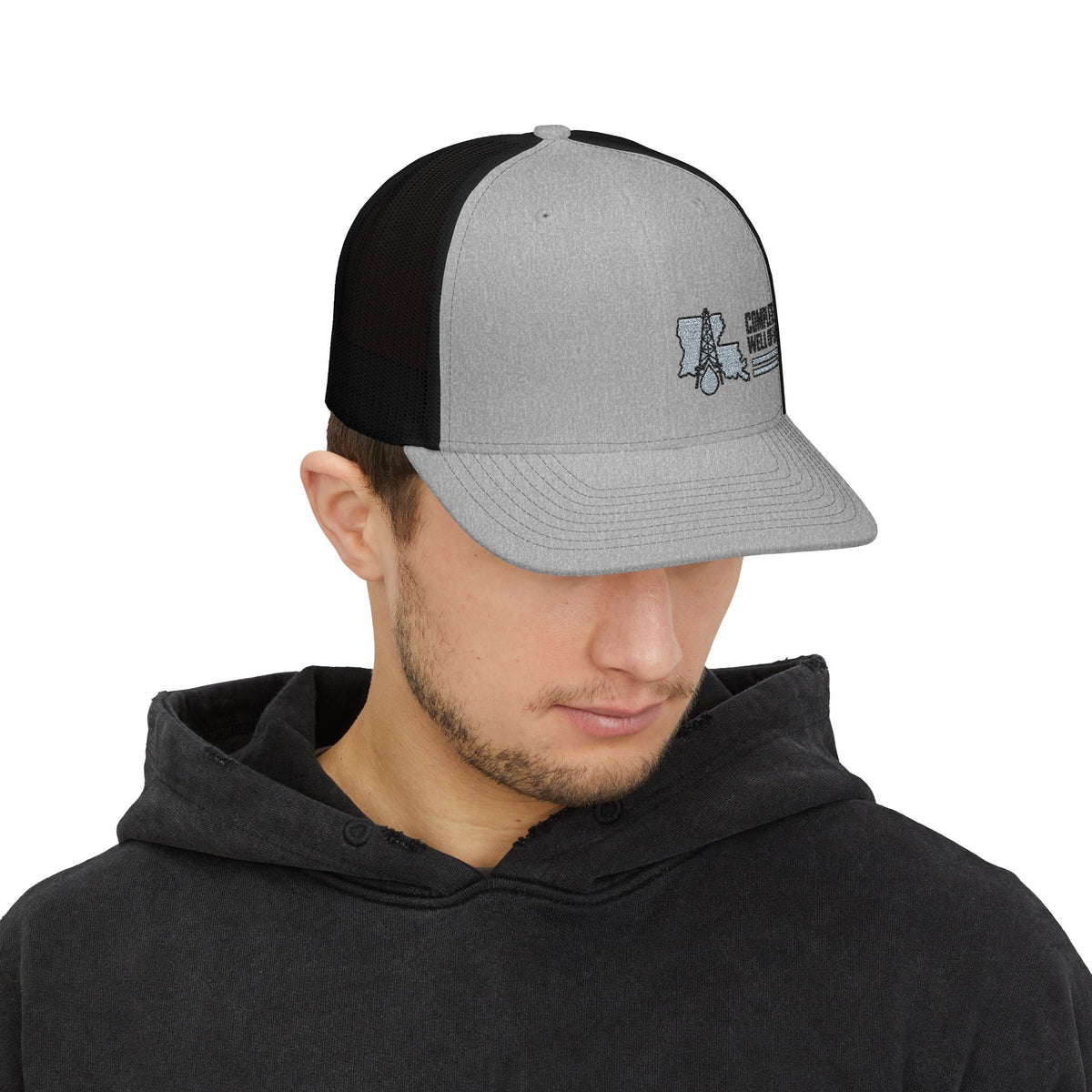 Complete Well of LA Custom Snapback Trucker Hat | Grey/Black Side Logo Embroidery by Subbin4Sanity