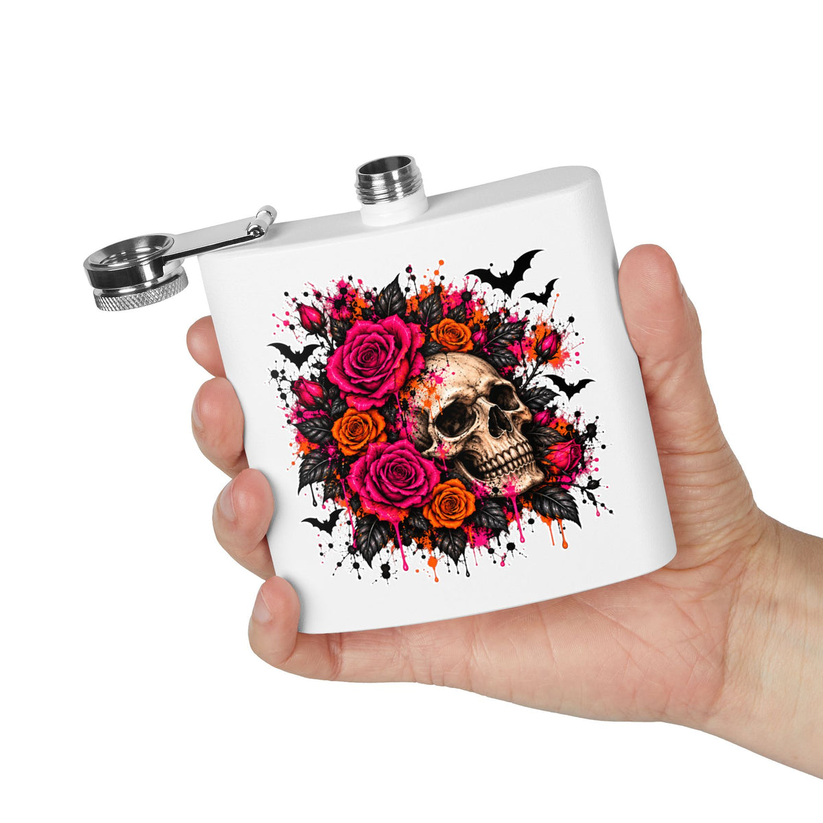 Deadly Blooms 6oz Stainless Steel Flask | Gothic Floral Skull Drinking Flask by Subbin4Sanity