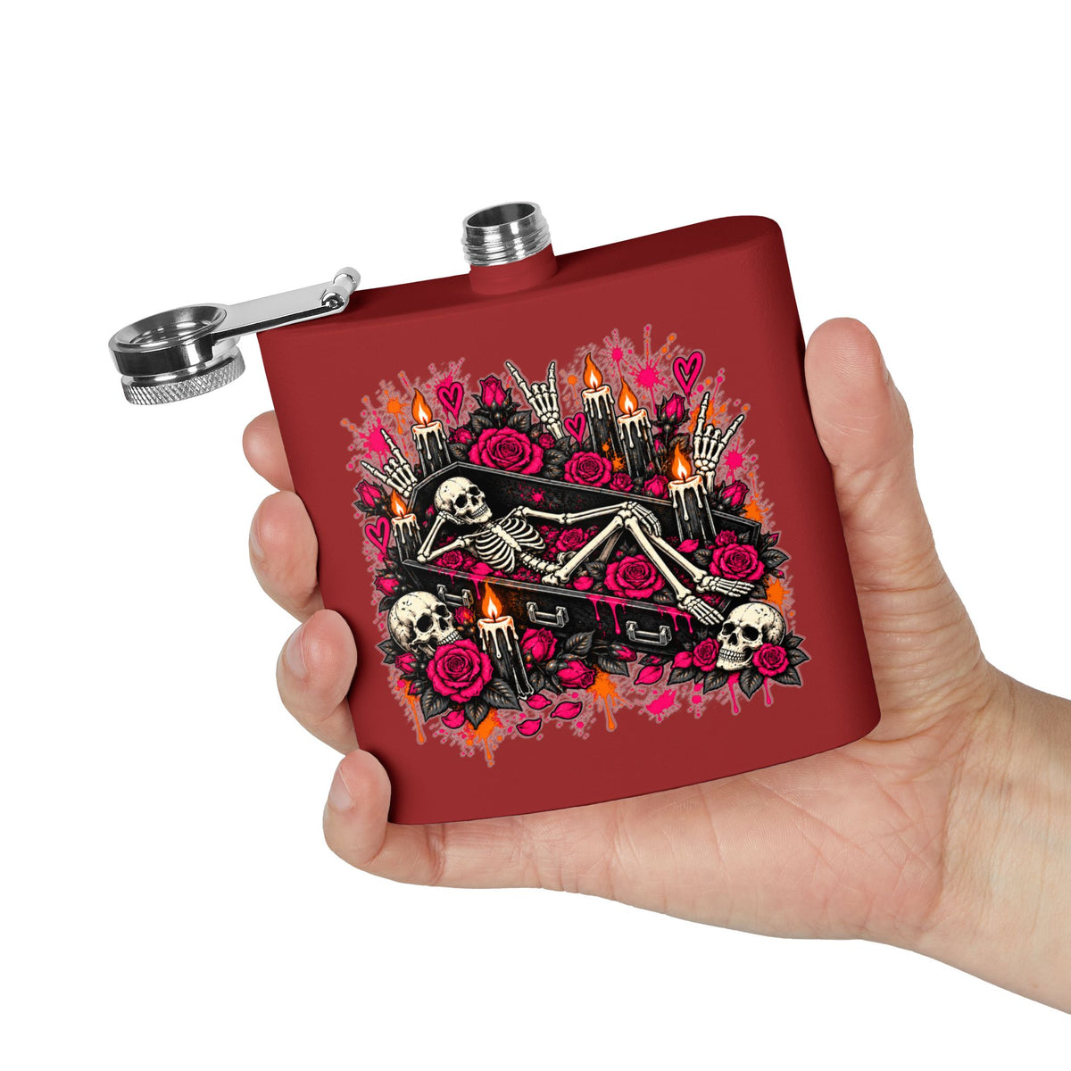 Dead & Unbothered 6oz Stainless Steel Flask | Gothic Skeleton Drinking Flask by Subbin4Sanity