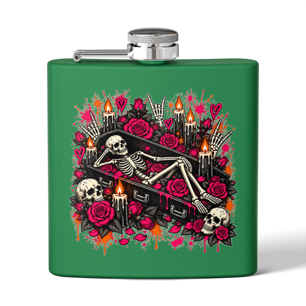 Dead & Unbothered 6oz Stainless Steel Flask | Gothic Skeleton Drinking Flask by Subbin4Sanity