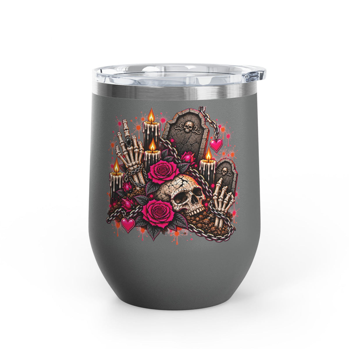 Dirt & Defiance 12oz Wine Tumbler | Gothic Skull & Coffin Stainless Steel Cup by Subbin4Sanity