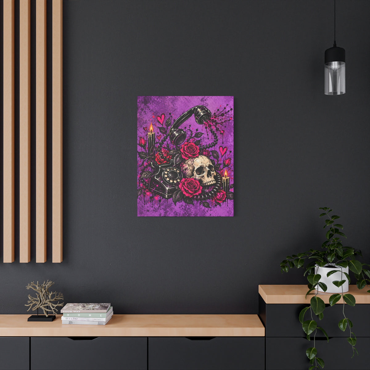 Karma’s Calling Halloween Canvas | Gothic Skull, Roses & Vintage Phone Wall Art by Subbin4Sanity