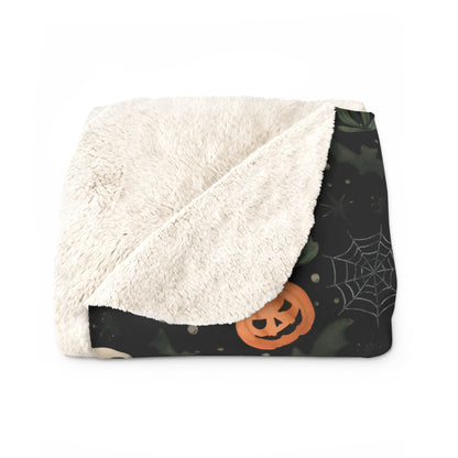 Black Boho Halloween Sherpa Fleece Blanket - Pumpkins, Spiders, Webs, Cactus, Cozy Fall Home Decor, Gothic Halloween Decor, Halloween