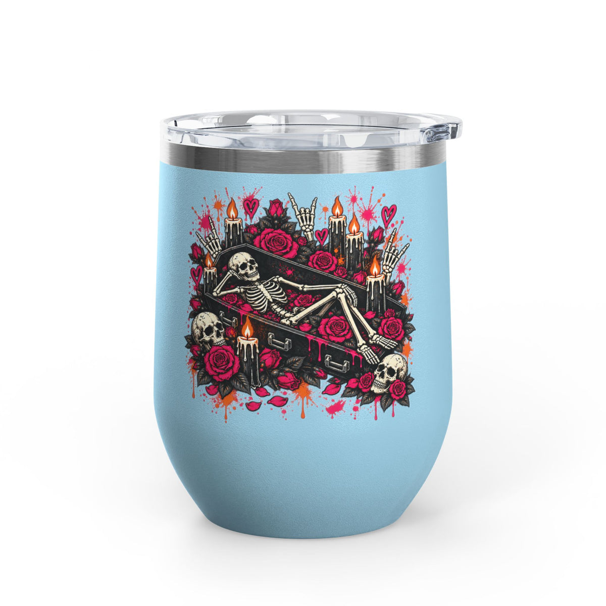Dead & Unbothered 12oz Wine Tumbler | Gothic Skeleton Stainless Steel Cup by Subbin4Sanity