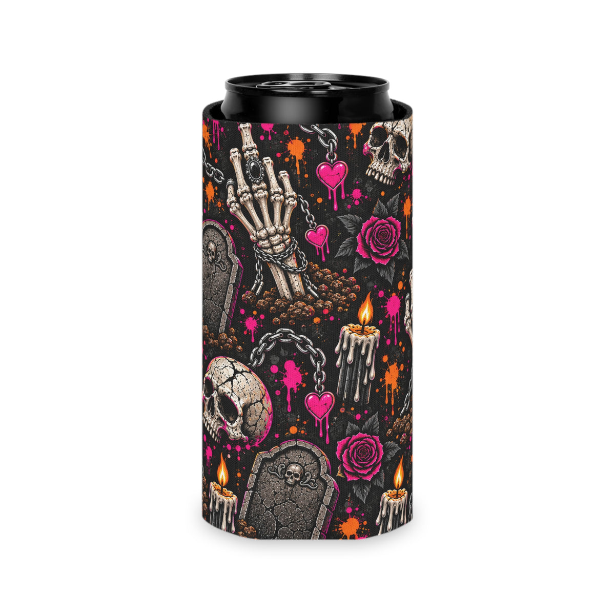 Dirt & Defiance Pattern Foam Grip Koozie | Gothic Skeleton & Floral Can Cooler by Subbin4Sanity