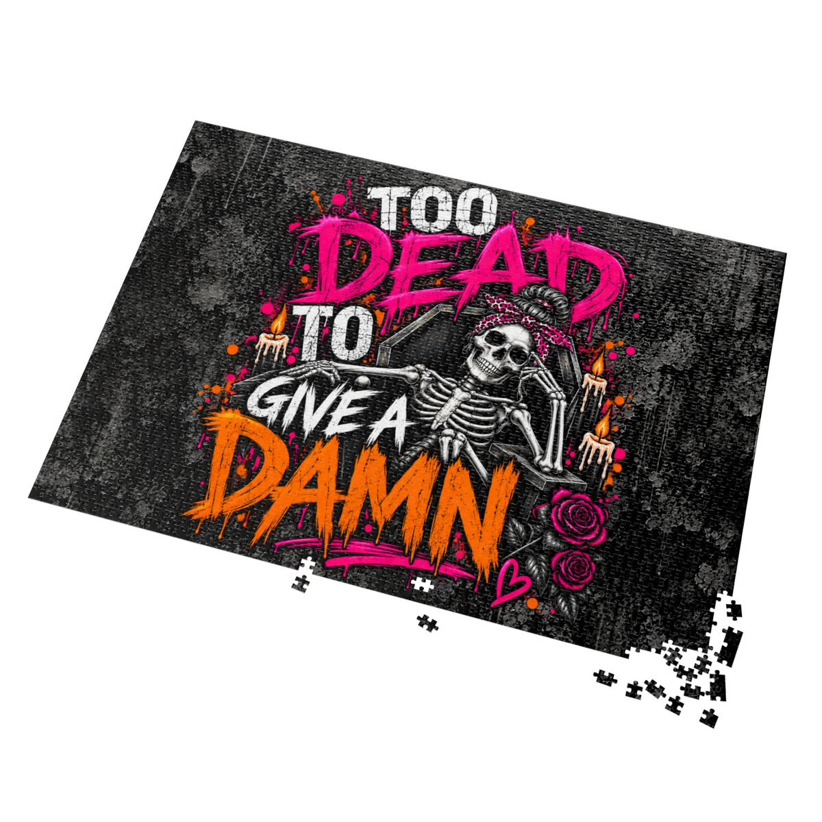 Too Dead To Give A Damn Halloween Jigsaw Puzzle | Sarcastic Gothic Skeleton Puzzle by Subbin4Sanity