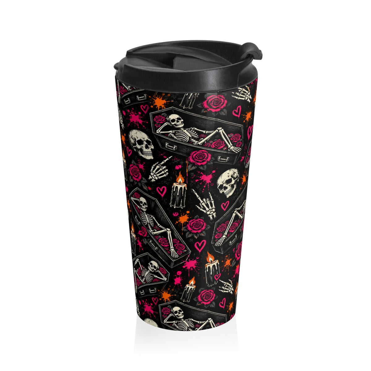 Dead & Unbothered 15oz Stainless-Steel Coffee Mug | Gothic Skeleton & Coffin Travel Mug by Subbin4Sanity
