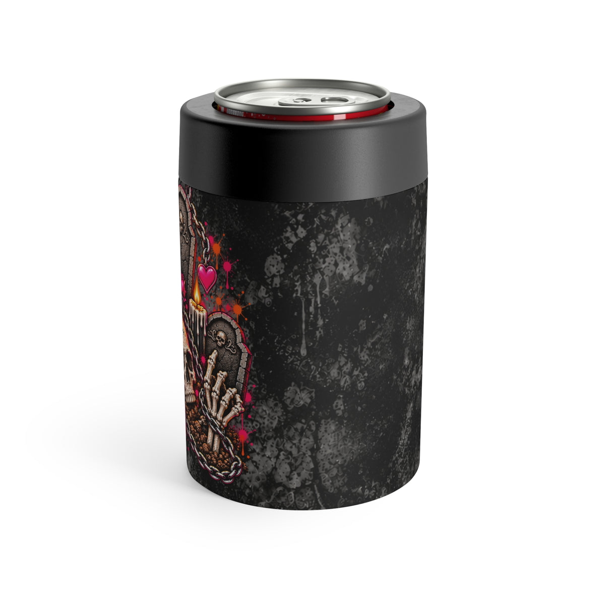 Dirt & Defiance 12oz Insulated Stainless Steel Koozie | Gothic Skull & Coffin Can Holder by Subbin4Sanity