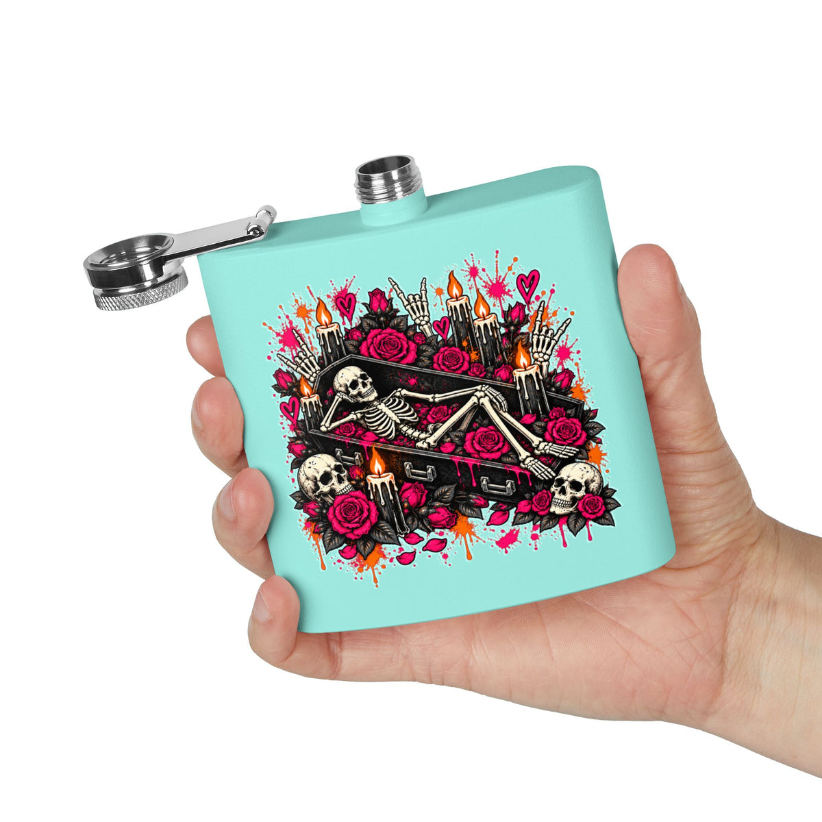 Dead & Unbothered 6oz Stainless Steel Flask | Gothic Skeleton Drinking Flask by Subbin4Sanity