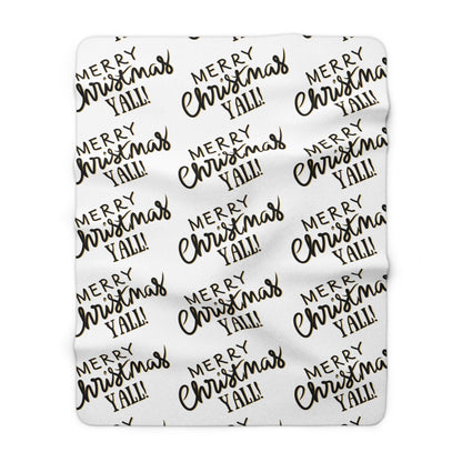 White Christmas sherpa fleece blanket with Merry Christmas Y’all pattern