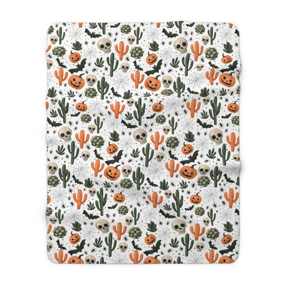 Fall Throw Blanket, Halloween Decor, Sherpa Fleece Blanket, Boho Autumn Home Decor, Spooky Cozy Bedding, Pumpkin Spider Bat Cactus Design