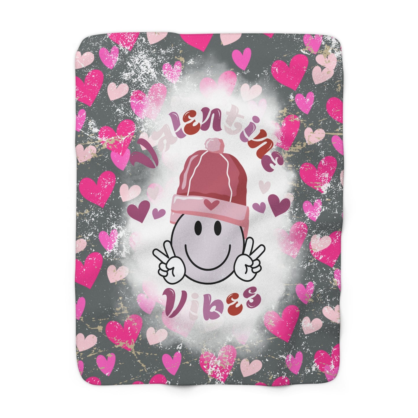Grey Valentine’s sherpa fleece blanket with Valentine’s Vibes smiley face