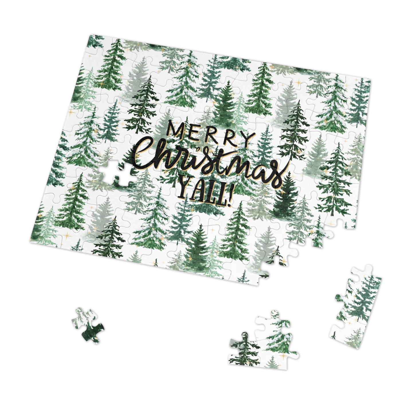 "Merry Christmas Yall!" Puzzle with Tin Box with Christmas Tree Background