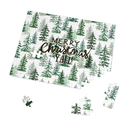 "Merry Christmas Yall!" Puzzle with Tin Box with Christmas Tree Background