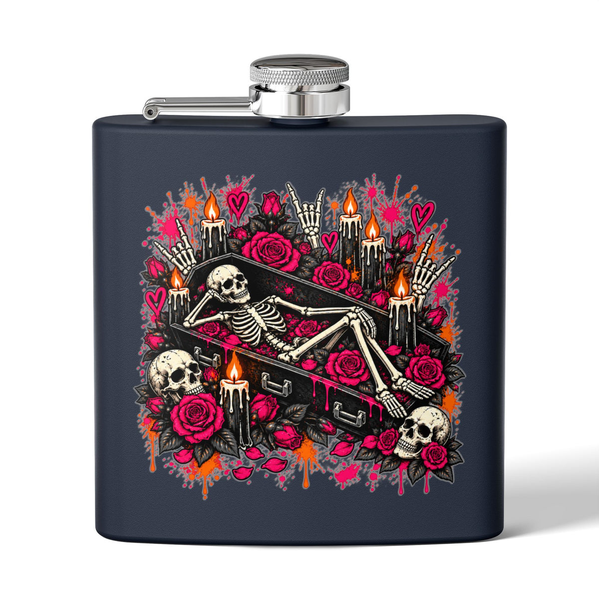 Dead & Unbothered 6oz Stainless Steel Flask | Gothic Skeleton Drinking Flask by Subbin4Sanity
