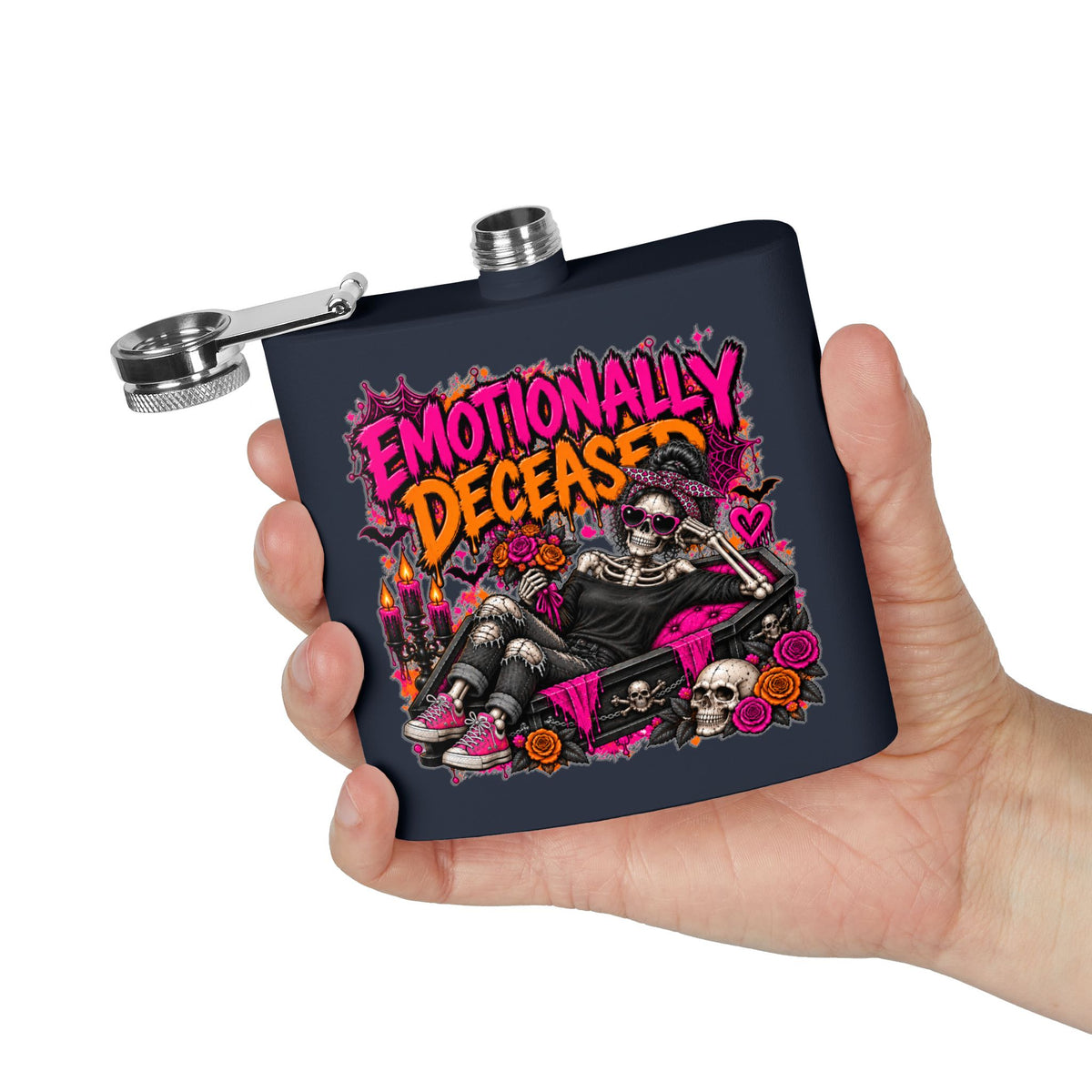 Emotionally Deceased 6oz Stainless Steel Flask | Dark Humor Gothic Drinking Flask by Subbin4Sanity