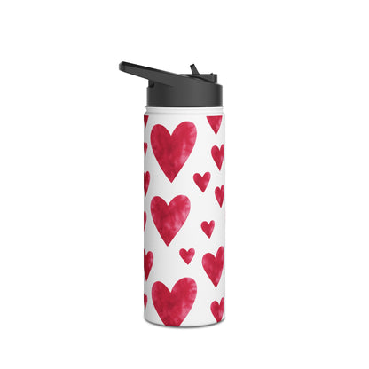 Red Watercolor Heart Patterned Stainless Steel Valentines Water Bottle — Valentine's Day Water Bottle