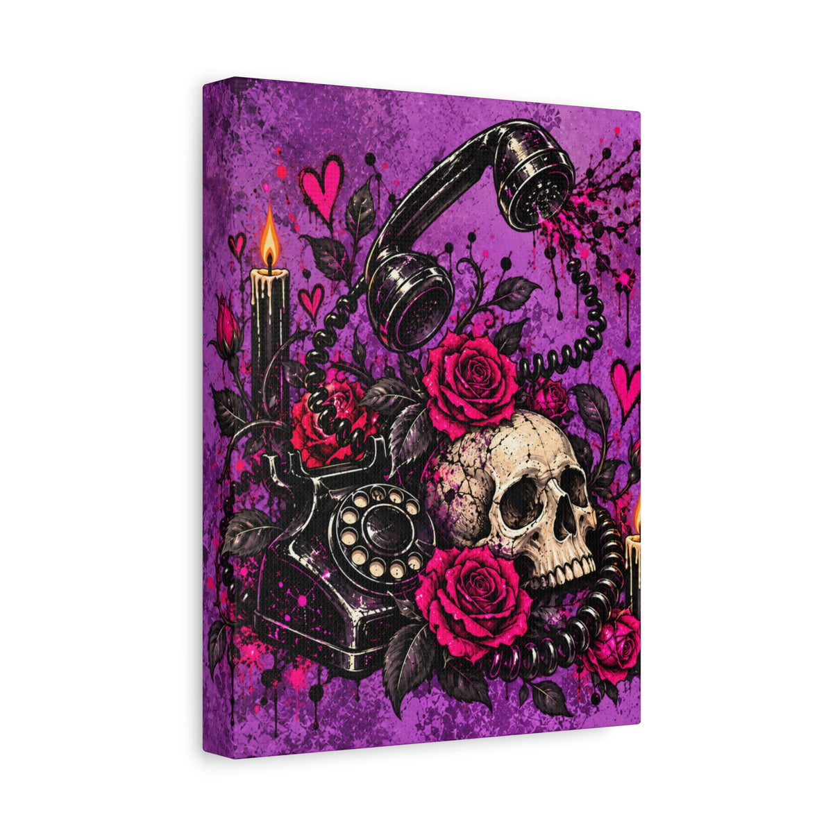 Karma’s Calling Halloween Canvas | Gothic Skull, Roses & Vintage Phone Wall Art by Subbin4Sanity
