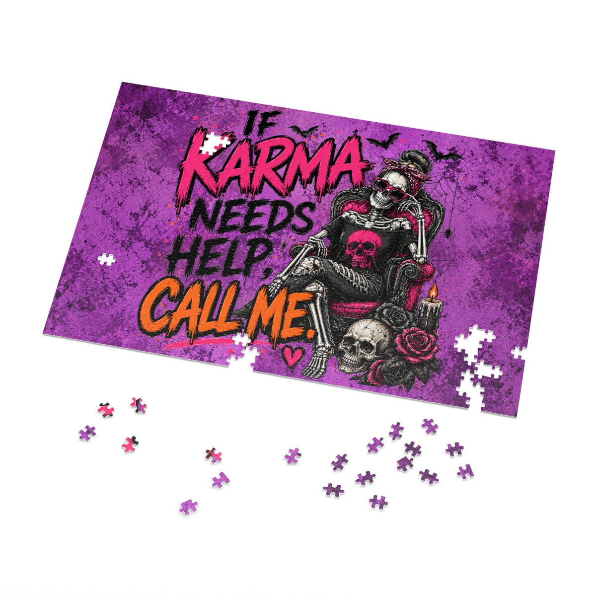 If Karma Needs Help, Call Me Halloween Jigsaw Puzzle | Sarcastic Gothic Skull Puzzle by Subbin4Sanity
