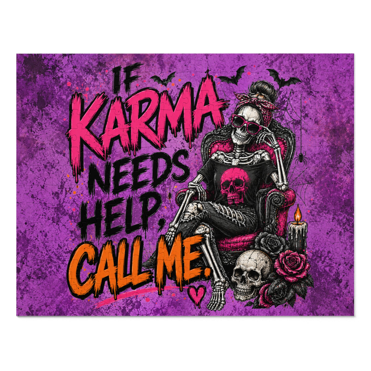 If Karma Needs Help, Call Me Halloween Jigsaw Puzzle | Sarcastic Gothic Skull Puzzle by Subbin4Sanity