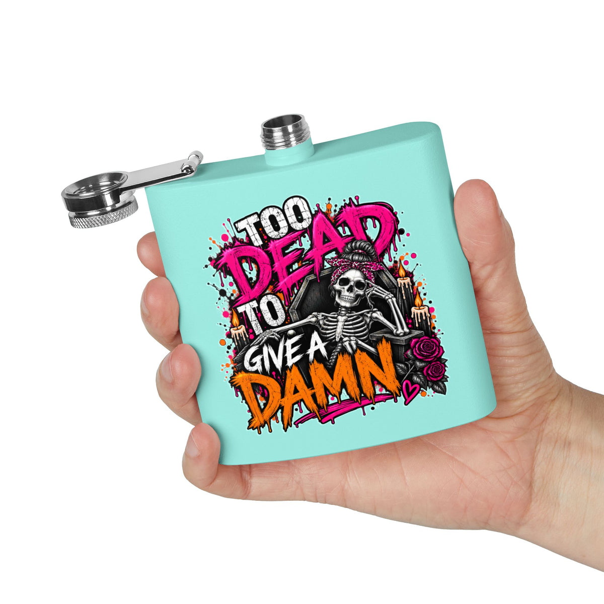 Too Dead To Give A Damn 6oz Hip Flask | Bold Skeleton Statement Flask by Subbin4Sanity