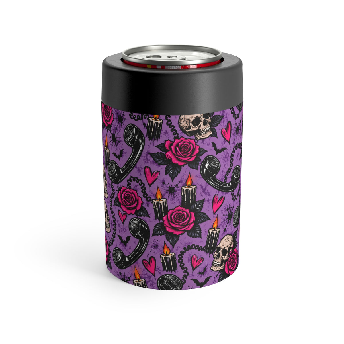 Karma’s Calling Pattern 12oz Insulated Stainless Steel Koozie | Gothic Telephone & Rose Can Holder by Subbin4Sanity
