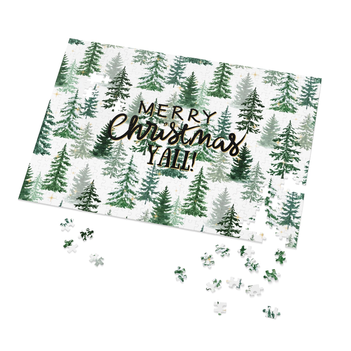 "Merry Christmas Yall!" Puzzle with Tin Box with Christmas Tree Background