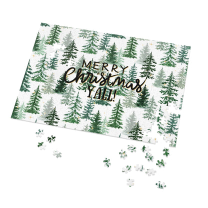 "Merry Christmas Yall!" Puzzle with Tin Box with Christmas Tree Background