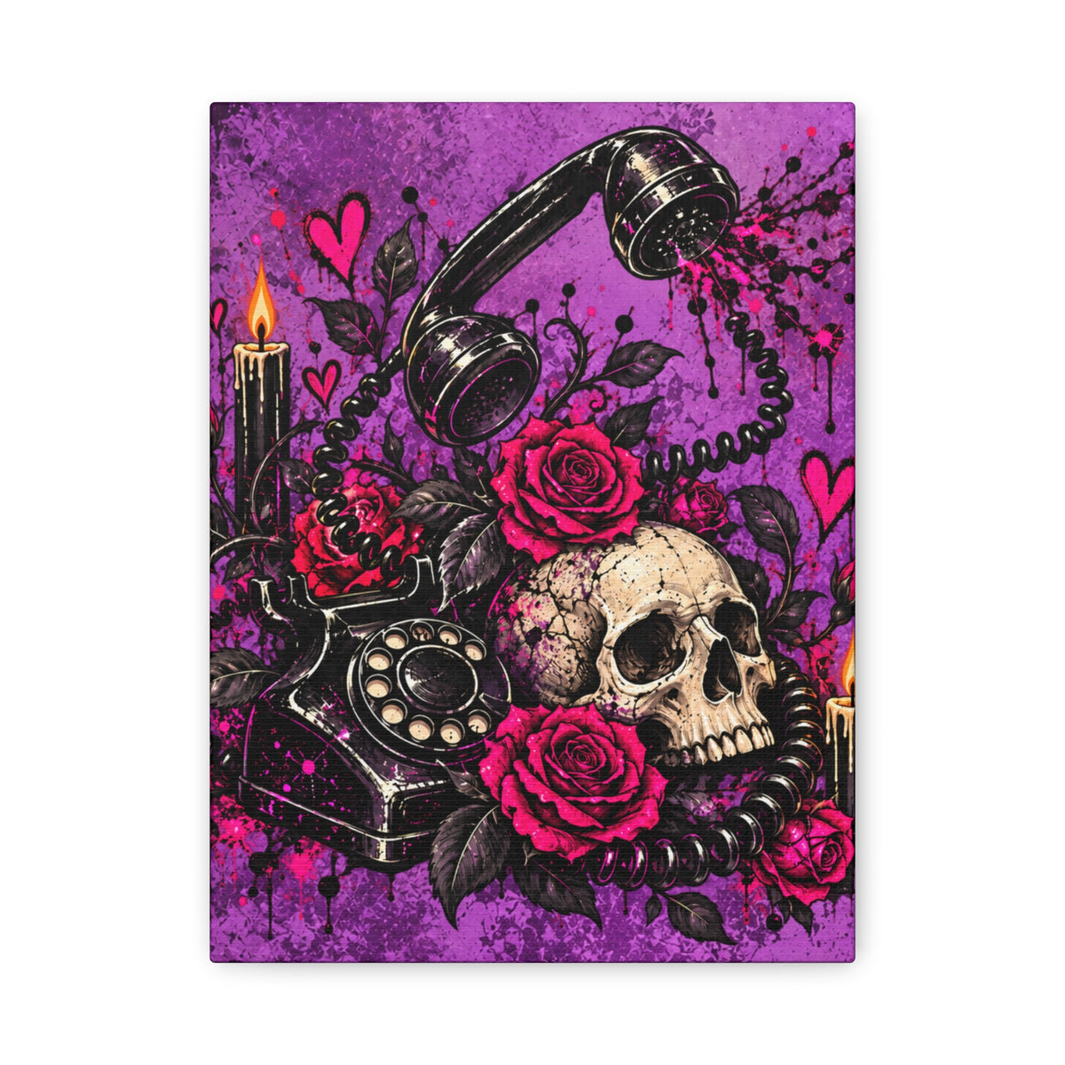 Karma’s Calling Halloween Canvas | Gothic Skull, Roses & Vintage Phone Wall Art by Subbin4Sanity