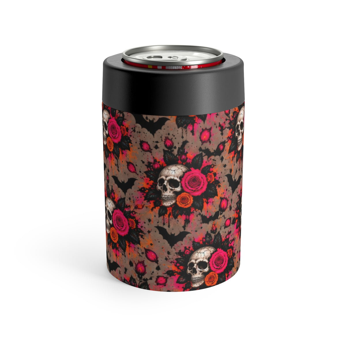 Deadly Blooms Pattern 12oz Insulated Stainless Steel Koozie | Gothic Floral Skull Can Holder by Subbin4Sanity