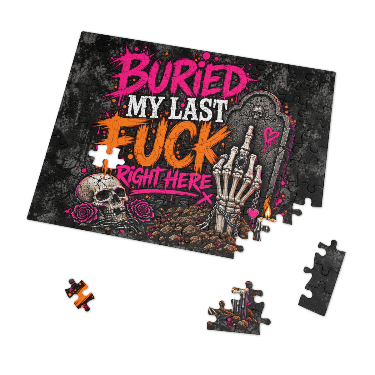 I Buried My Last Fuck Right Here Halloween Jigsaw Puzzle | Sarcastic Gothic Skull Puzzle by Subbin4Sanity