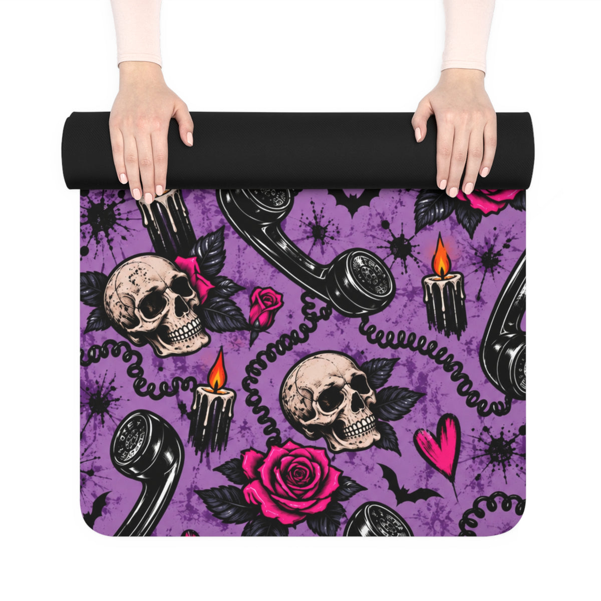Karma’s Calling Pattern Rubber Yoga Mat | Gothic Telephone & Skull Workout Mat by Subbin4Sanity