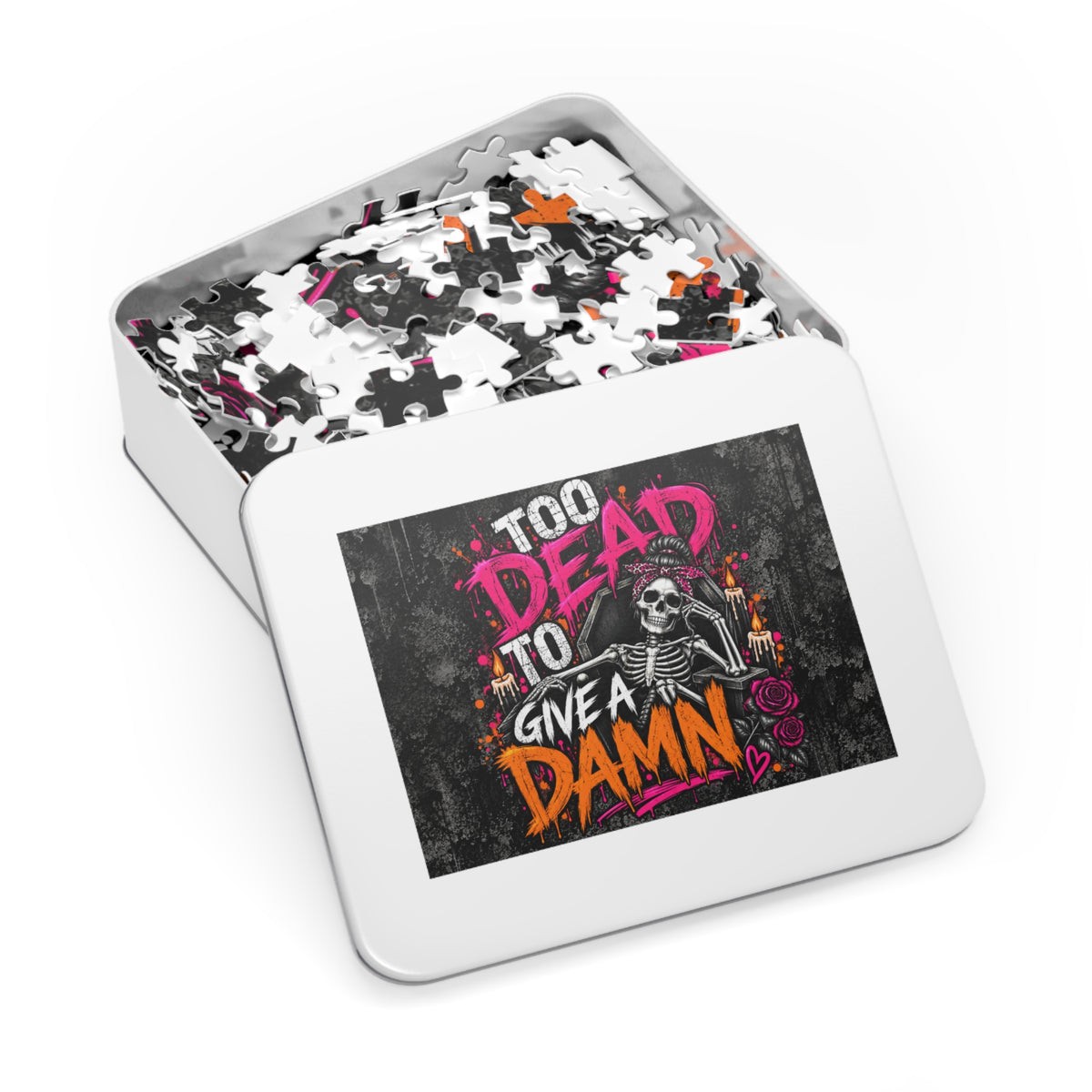 Too Dead To Give A Damn Halloween Jigsaw Puzzle | Sarcastic Gothic Skeleton Puzzle by Subbin4Sanity