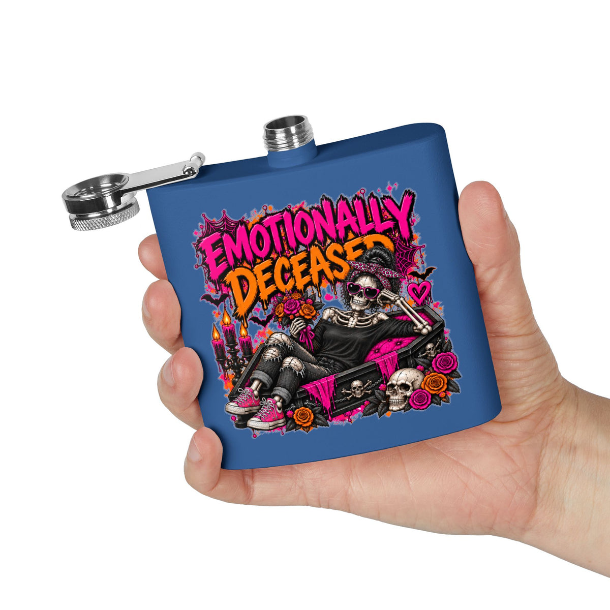 Emotionally Deceased 6oz Stainless Steel Flask | Dark Humor Gothic Drinking Flask by Subbin4Sanity