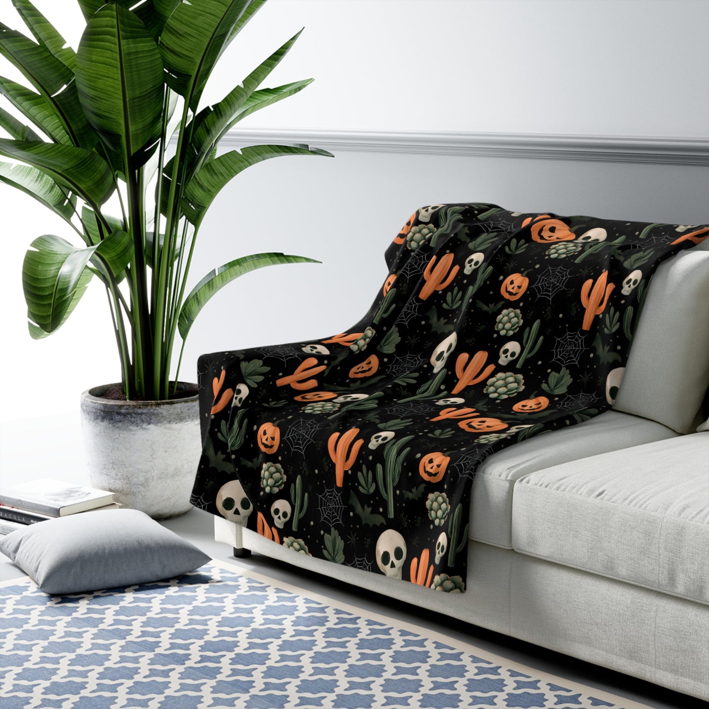 Black Boho Halloween Sherpa Fleece Blanket - Pumpkins, Spiders, Webs, Cactus, Cozy Fall Home Decor, Gothic Halloween Decor, Halloween
