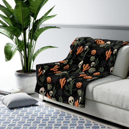 Black Boho Halloween Sherpa Fleece Blanket - Pumpkins, Spiders, Webs, Cactus, Cozy Fall Home Decor, Gothic Halloween Decor, Halloween