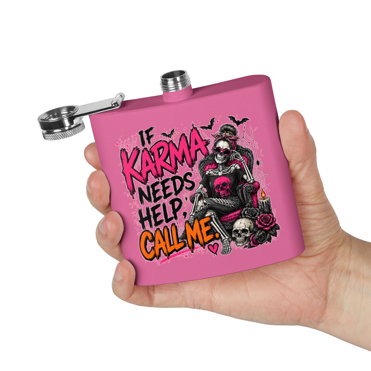 If Karma Needs Help, Call Me 6oz Stainless Steel Flask | Sarcastic Gothic Drinking Flask by Subbin4Sanity