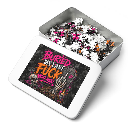 I Buried My Last Fuck Right Here Halloween Jigsaw Puzzle | Sarcastic Gothic Skull Puzzle by Subbin4Sanity