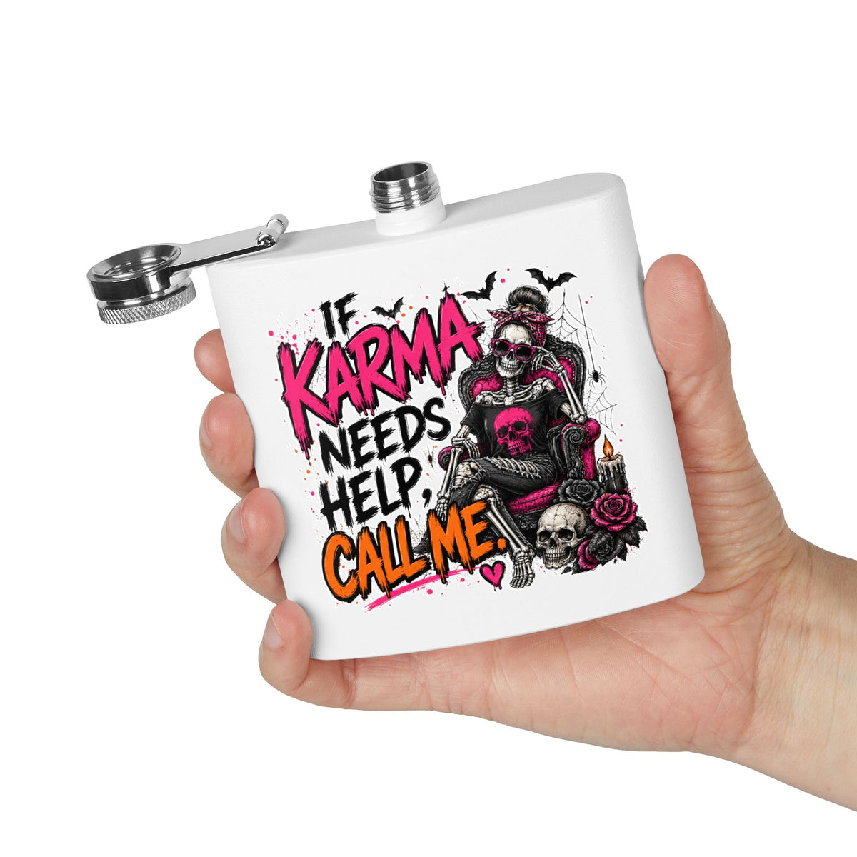 If Karma Needs Help, Call Me 6oz Stainless Steel Flask | Sarcastic Gothic Drinking Flask by Subbin4Sanity