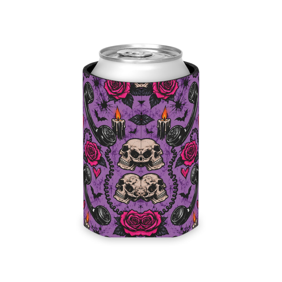 Karma’s Calling Pattern Foam Grip Koozie | Gothic Telephone & Rose Can Cooler by Subbin4Sanity