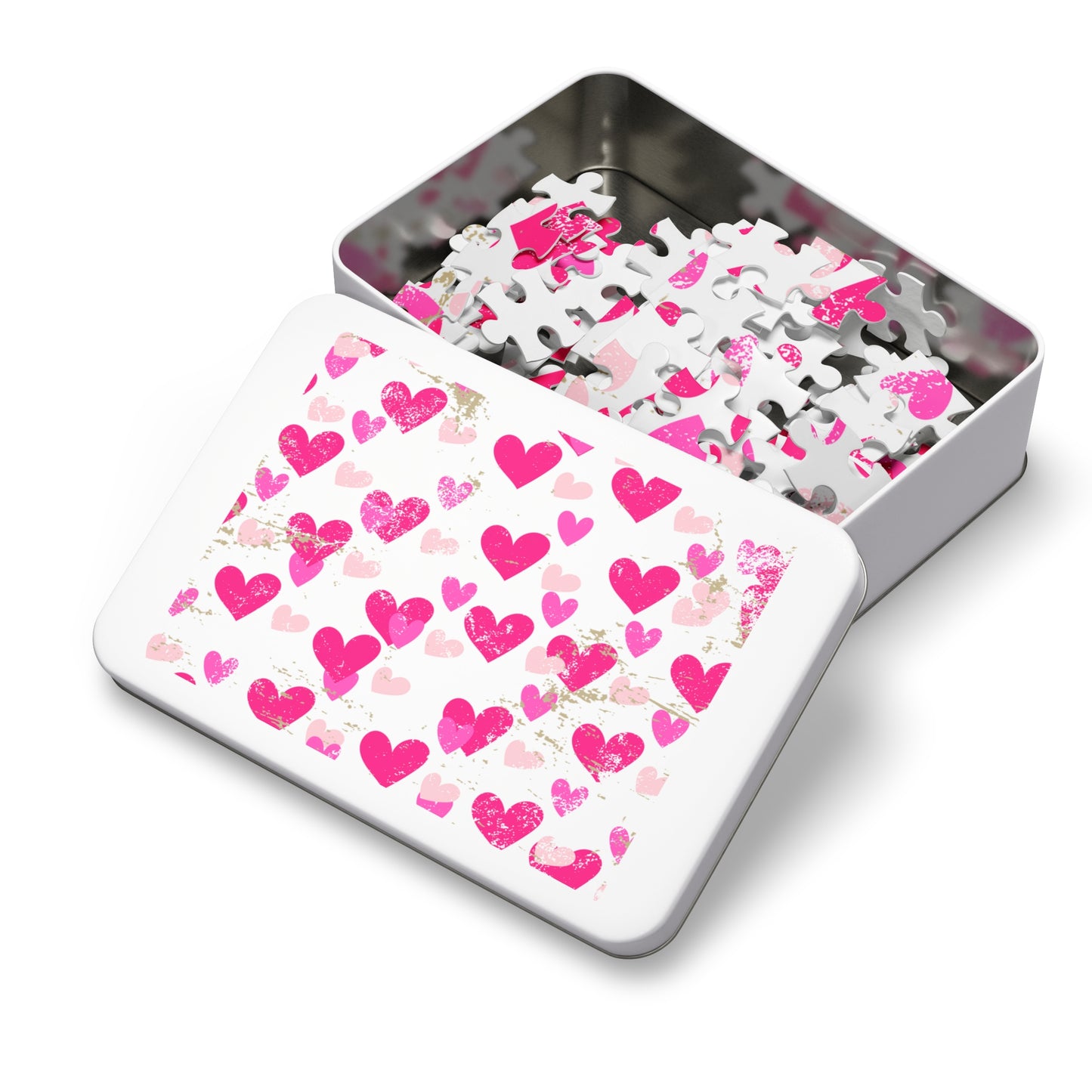 Heart Pattern Jigsaw Puzzle with Tin — Pink Hearts Valentine Puzzle Gift