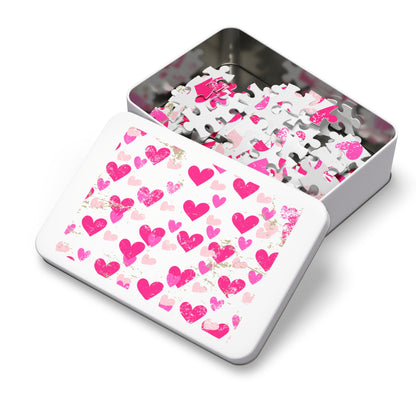 Heart Pattern Jigsaw Puzzle with Tin — Pink Hearts Valentine Puzzle Gift