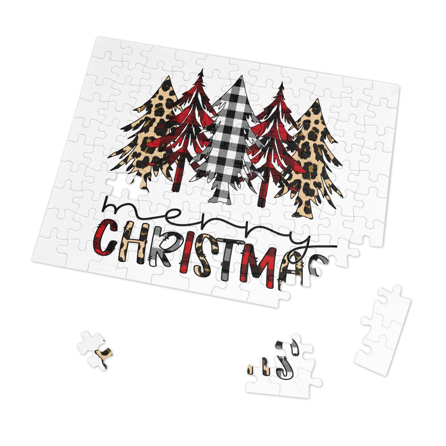 Merry Christmas Jigsaw Puzzle with Tin — Buffalo Plaid & Leopard Trees Merry Christmas Holiday Design