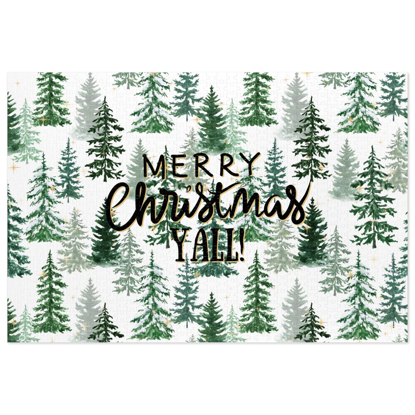"Merry Christmas Yall!" Puzzle with Tin Box with Christmas Tree Background